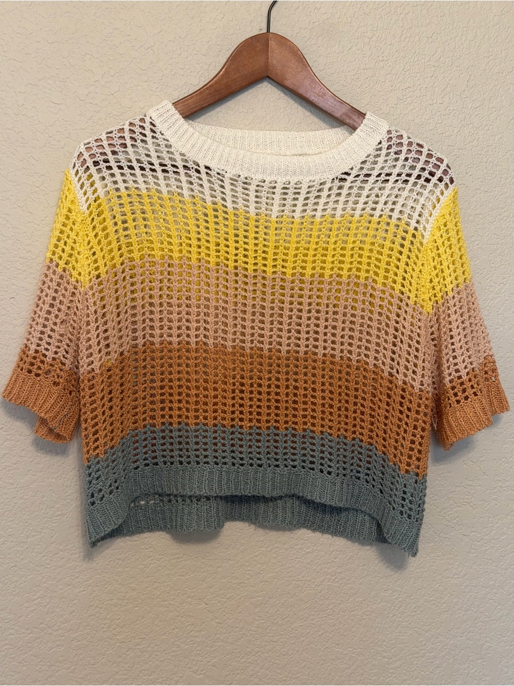 Altar'd State Rainbow Striped Mesh Open-Knit Short Sleeve Crop Sweater Medium